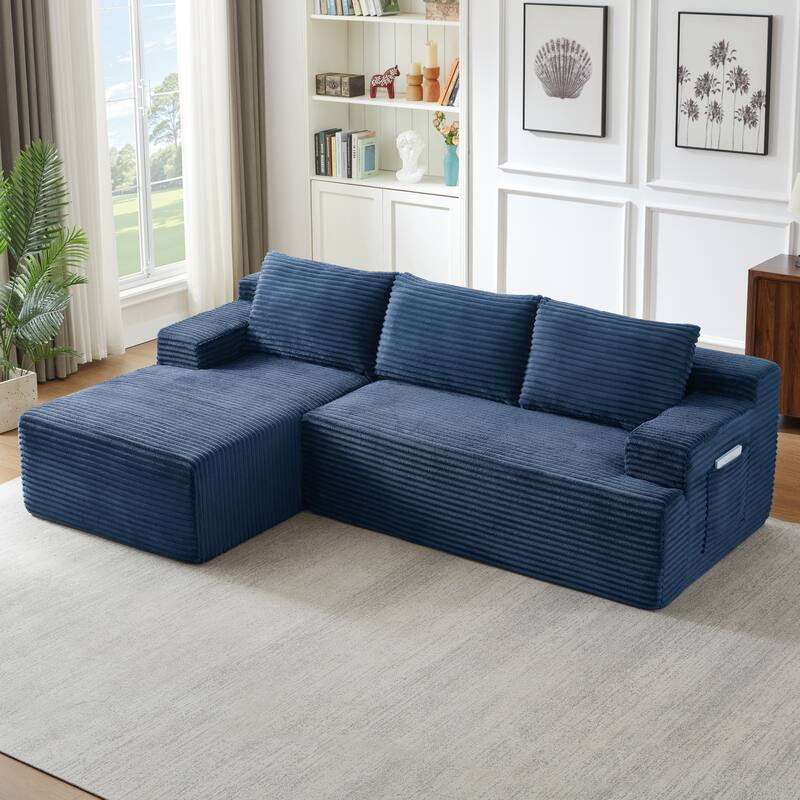 Rossetta L-Shaped Left-Facing Modular Classic Corduroy Fabric Striped Sectional Sofa with Deep Seat