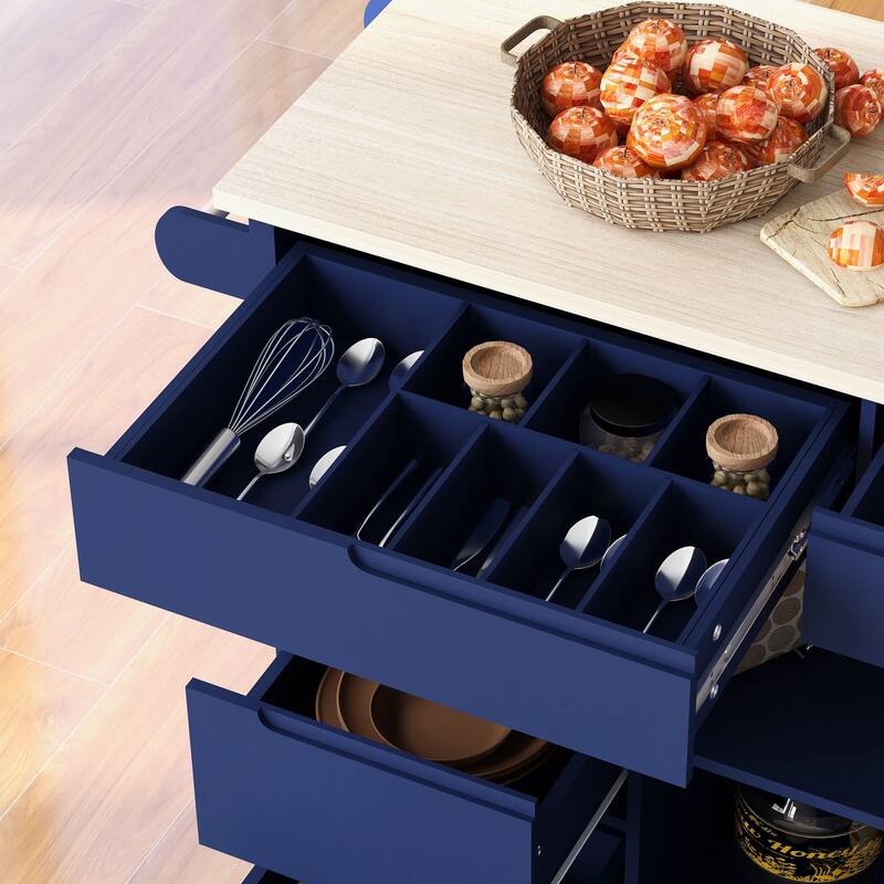 Kitchen Island with 8 Handle-Free Drawers, Rubber Wood Top, Flatware Organizer & 5 Wheels for Storage & Organization