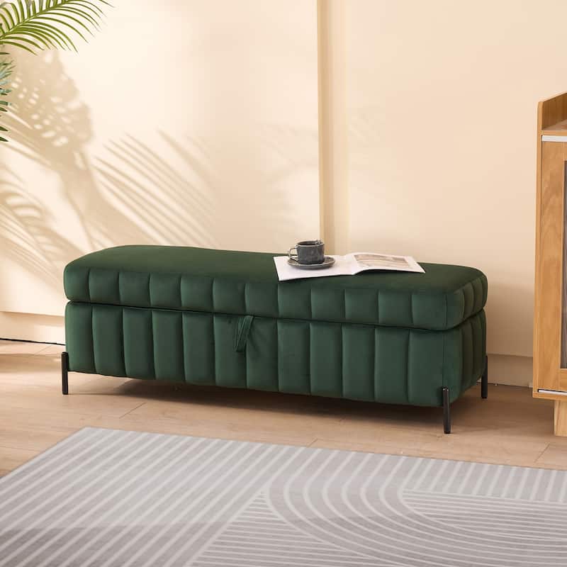 49.21" Wide Upholstered Velvet Storage Soft Bench Footstool Ottoman End of Bed with Metal Legs, Foot Rest - Green