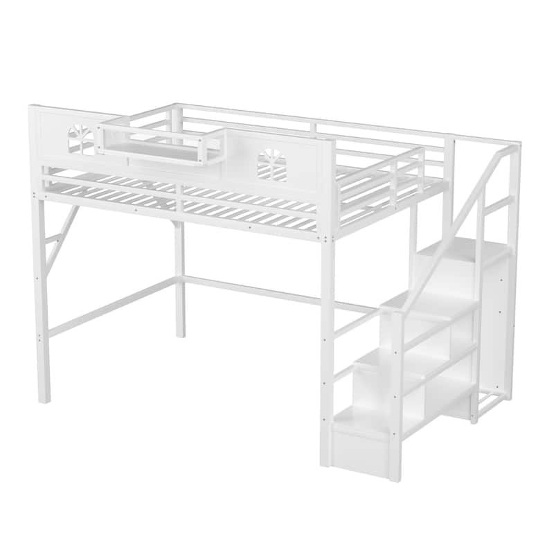 Full / Queen Size Loft Bed with Stairs, House Shaped Guardrails, and Wardrobe Storage