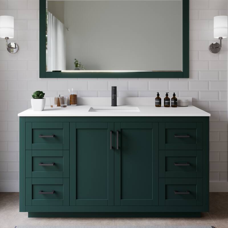 Wyndham Collection Miranda 60" Free Standing Single Basin Vanity Set - Green / White Cultured Marble Top / Matte Black
