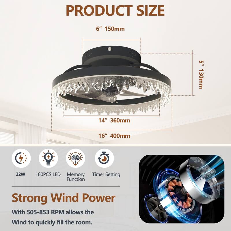 Smart Silent Elegant Black Ceiling Fan with Light - 16-inch Flush Mount LED Chandelier with 5 Invisible Blades