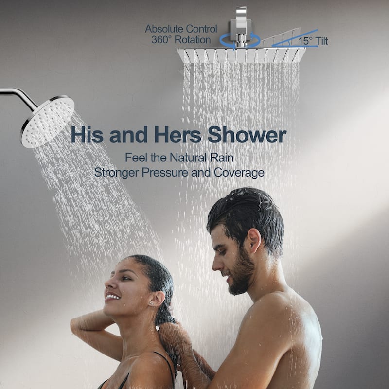 GRANDJOY 12" Wall Mounted Shower System Dual Shower Heads with 6 Body Jets