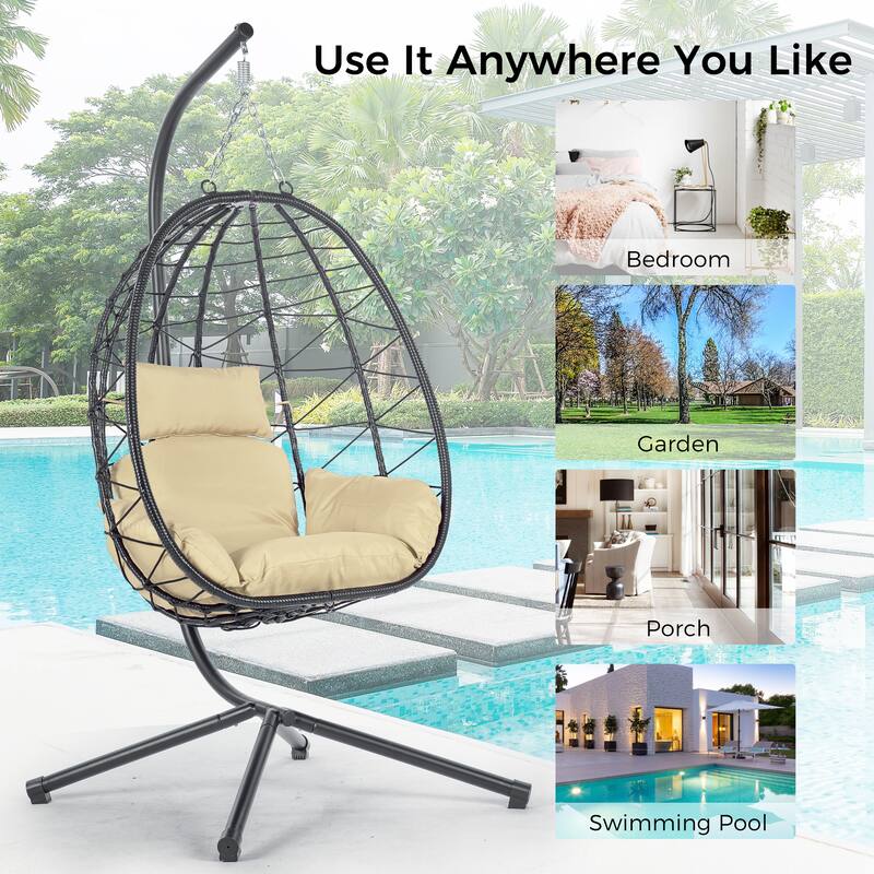 Rattan Metal Hanging Chair with Stand and 350lb Capacity, Includes Waterproof Cushion