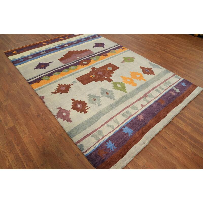 Vegetable Dye Geometric Gabbeh Turkish Area Rug Handmade Wool Carpet - 8' 9'' X 6' 0''