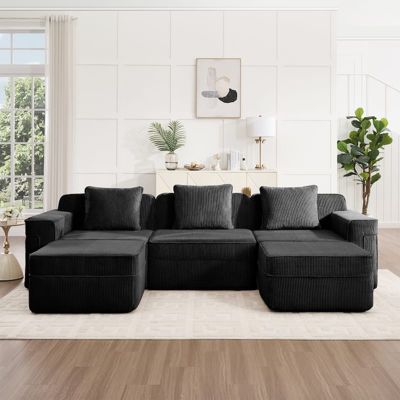 GDFStudio - Corduroy Modular 3-Seater 117.3" U-Shaped Boneless Cloud Sofa with 2 Ottomans