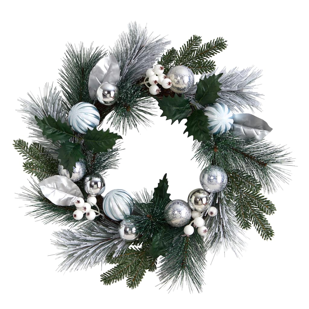 Pinecones Berries Silver Ornaments Artificial Christmas Wreath 24"