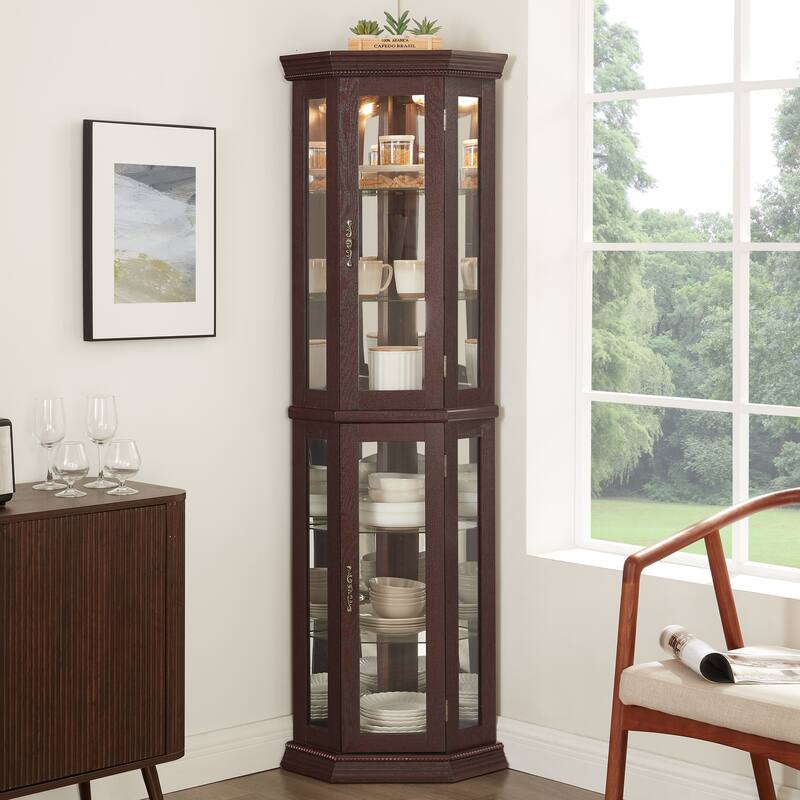 GDFStudio - Traditional Storage Corner Curio Cabinet with Lighted Glass Shelves