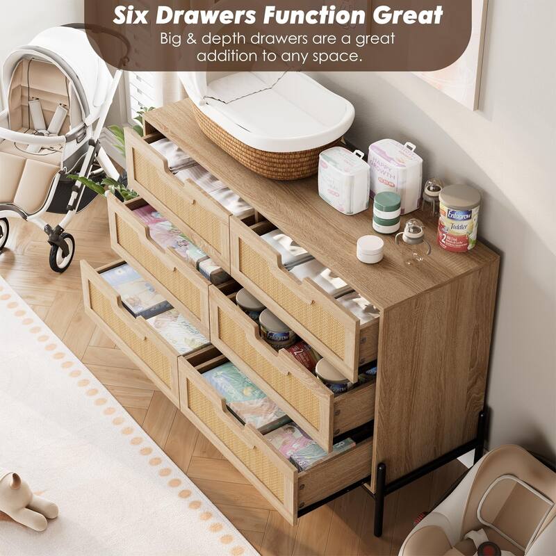 Rattan 6 Drawer Dresser for Bedroom, Modern Farmhouse Wooden Storage Cabinet with Legs