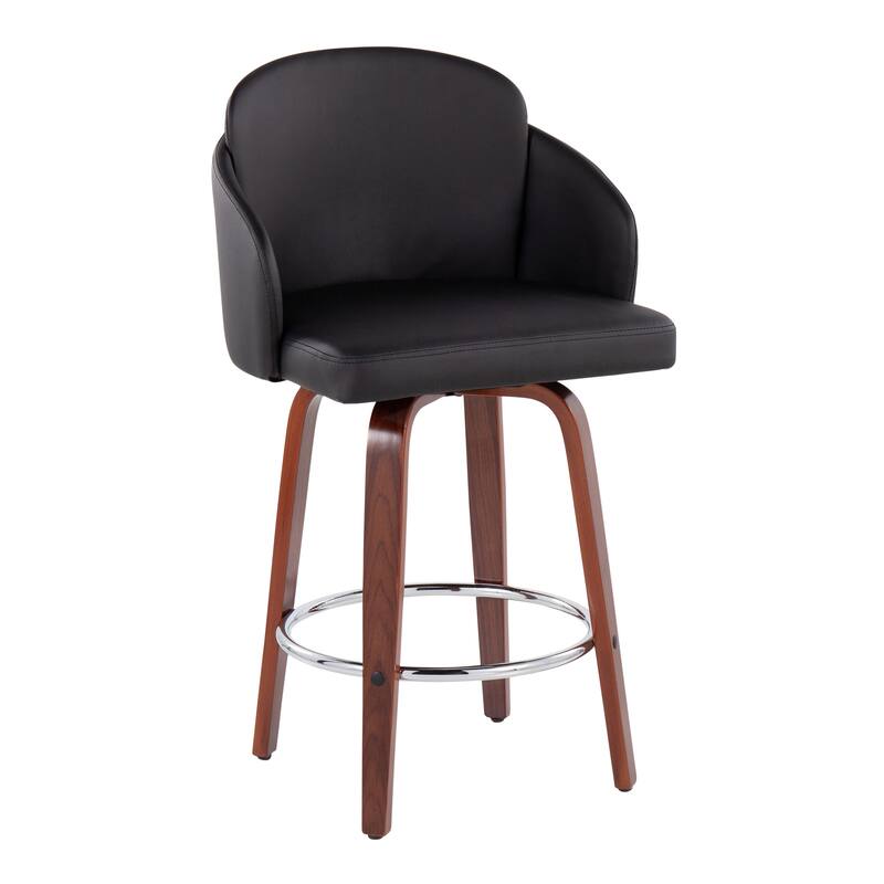 Dahlia Counter Stool with Walnut Wood (Set of 2) - Black Faux Leather & Chrome Accent