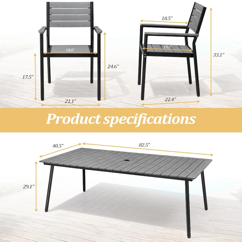 7-Piece Outdoor Rectangle Aluminum Dining Table with Stackable Dining Chairs