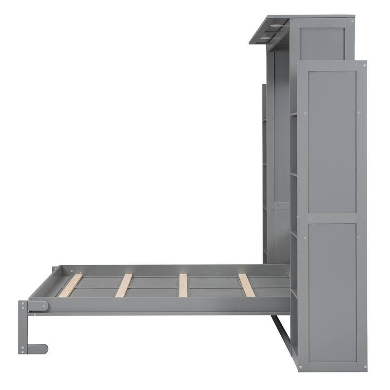 Wooden Murphy Bed Hidden Wall Bed with Open Shelves and Top LED Lights, Folding Platform Bed Cabinet, Murphy Beds Chest
