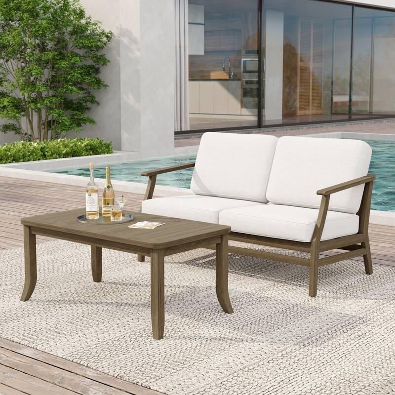 Teak Wood Patio Outdoor Loveseat Sofa and Coffee Table Set