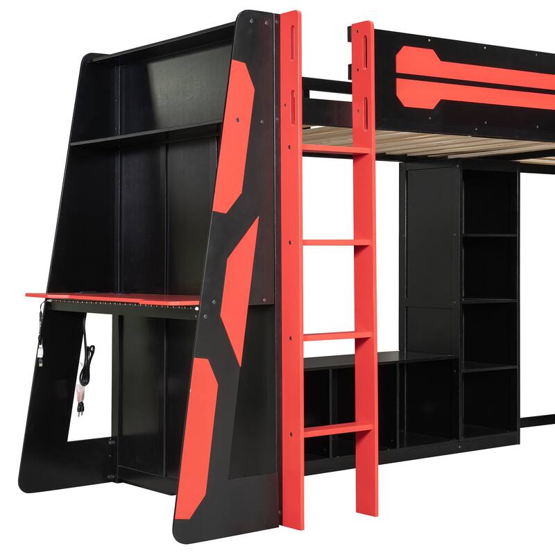 L-shaped Bunk Bed Twin Size Gaming Loft Bed with Desks, TV Stand, Shelves, Light Strip, Charging Station and Reversible Layout