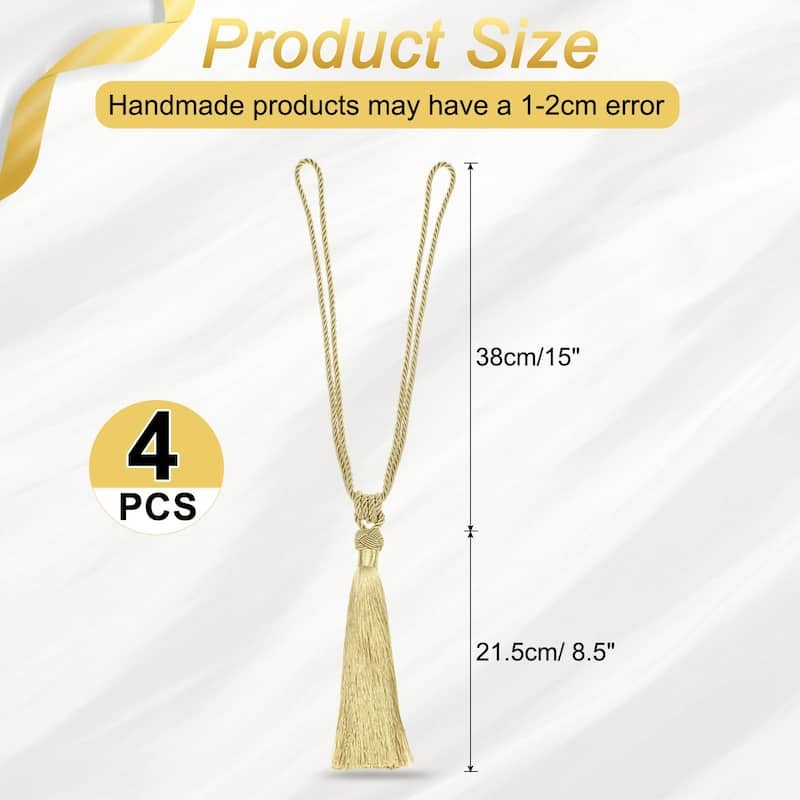 Handmade Elegant Curtain Tiebacks with Tassel - Gold Tone - 4 Pack