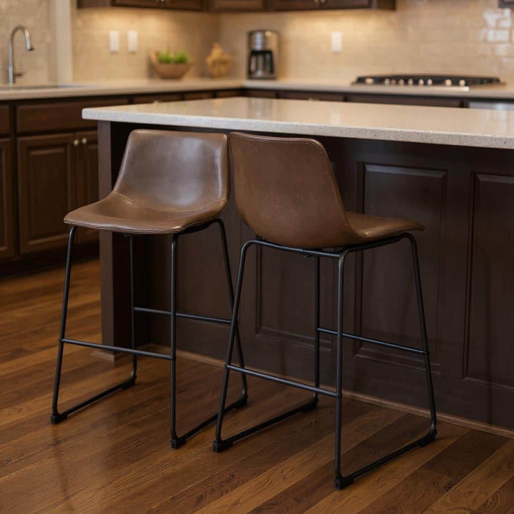 HomeRoots Set of Two 29" Espresso and Black Faux Leather and Steel Counter Height Bar Chairs
