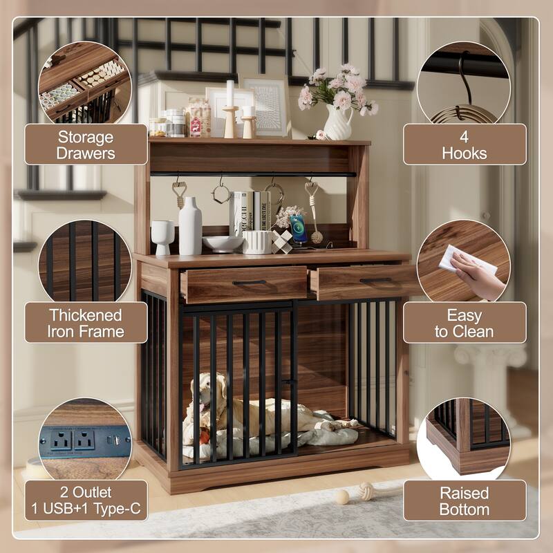 43.3" Dog Crate Furniture with 3 Drawers Indoor Wooden Dog Kennel, 2 Door Dog Cage End Table with Portable Feeder