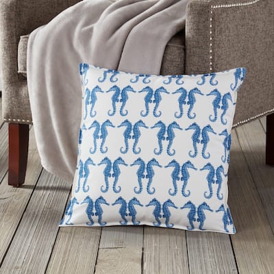 Blue Seahorse Repeat Cotton Canvas 20-inch Pillow