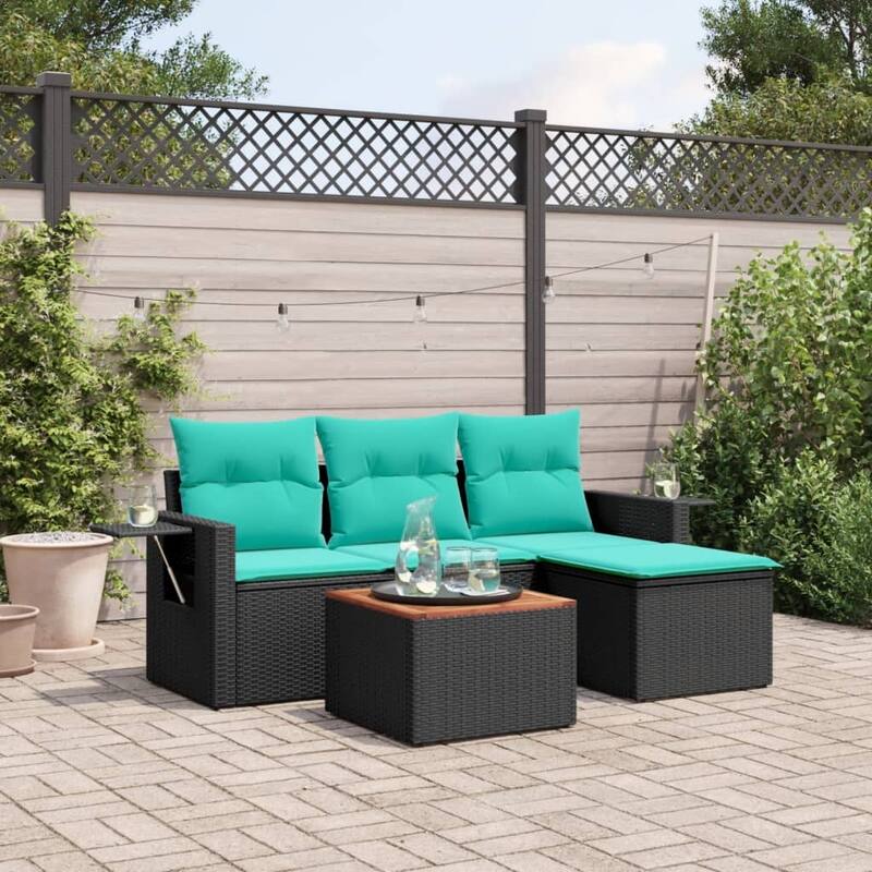 vidaXL 5 Piece Patio Sofa Set with Cushions Black Poly Rattan - 21.7 x 24.4 x 27.2