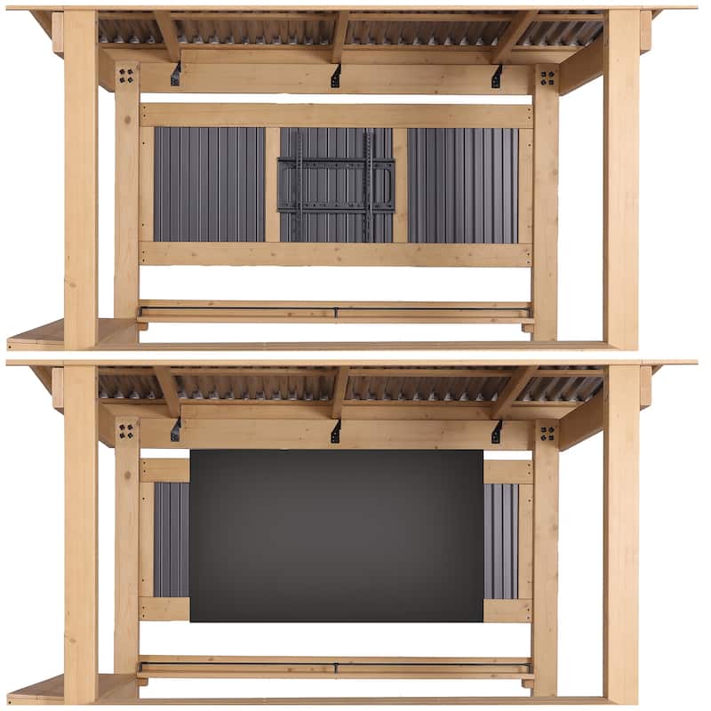 Cedar Wood Outdoor Bar Gazebo with PVC Roof, 85" x 76" Backyard Pavilion with TV Mount, Double Bar Counte