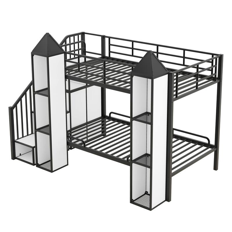 Twin over Twin Castle Bunk Bed with Wardrobe, Storage Staircase, and Guardrails