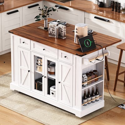 Farmhouse 53" Rolling Kitchen Cart on Wheels with Drop Leaf and Built-in Power Outlet