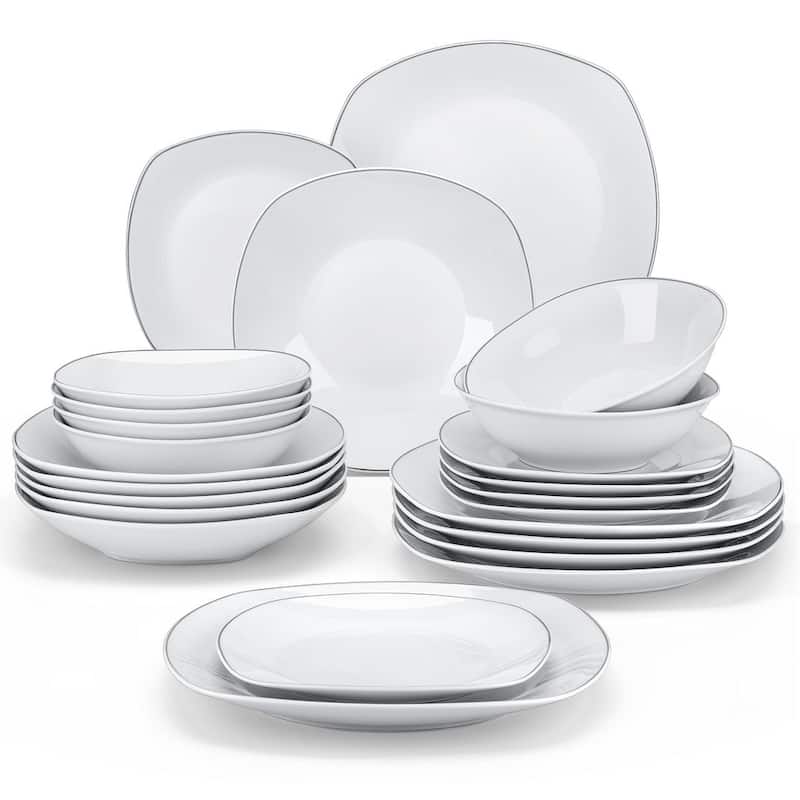 MALACASA Elisa Basic Porcelain Dinnerware Set (Service for 6) - Silver Trim - 24 Piece