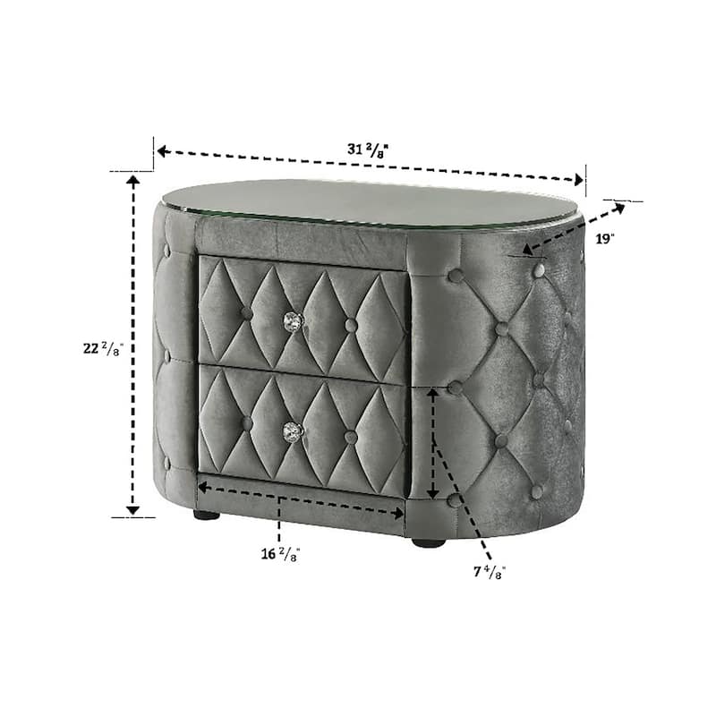 1pc Oval Nightstand Plush Tufted Upholstery Tempered Glass Top Rounded Sides Two Storage Drawers Sparkling Knobs Wooden