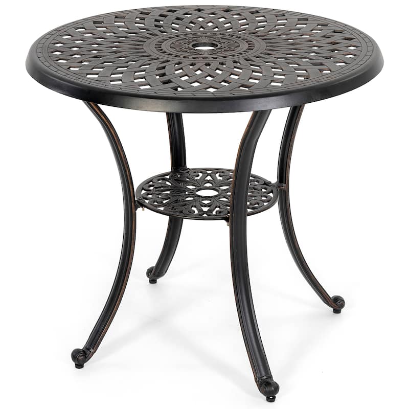 Outdoor 31'' Round Cast Aluminum Bistro Table with Umbrella Hole - Black with Gold-painted Edge