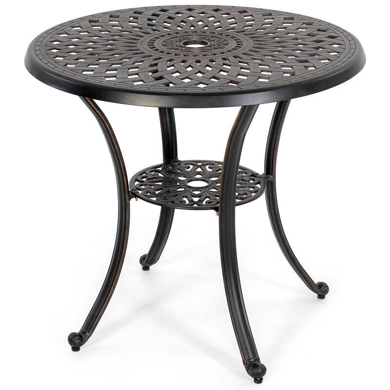 Outdoor 31'' Round Cast Aluminum Patio Bistro Table with Hollow Tabletop and Umbrella Hole, Black - 31'' Round