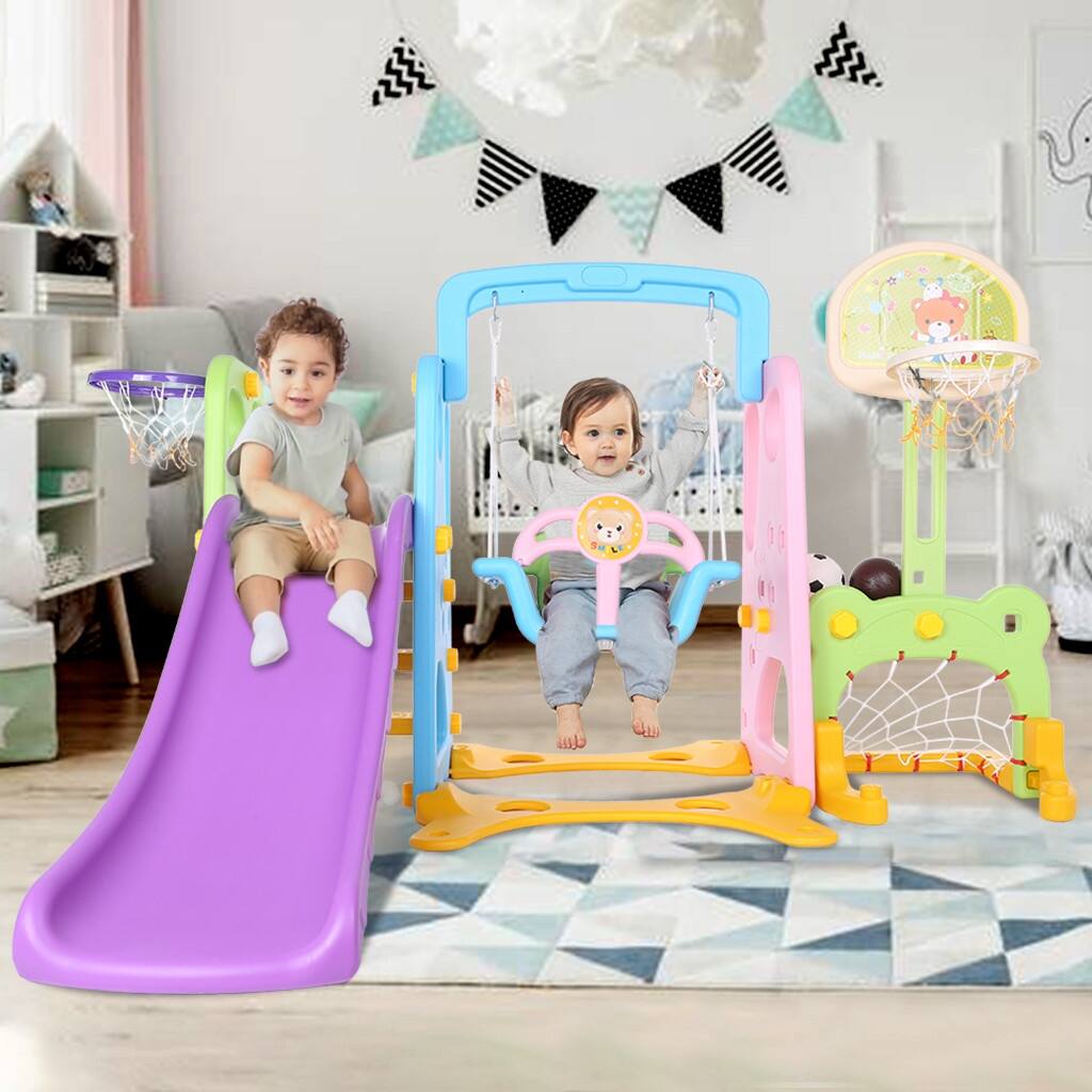 5 In 1 Kids Indoor And Outdoor Slide Swing And Basketball Football Baseball Set