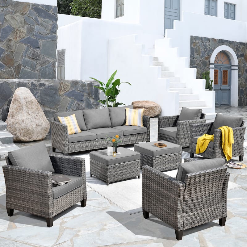 OVIOS 7-piece Patio Outdoor Wicker Conversation Set - Dark Grey