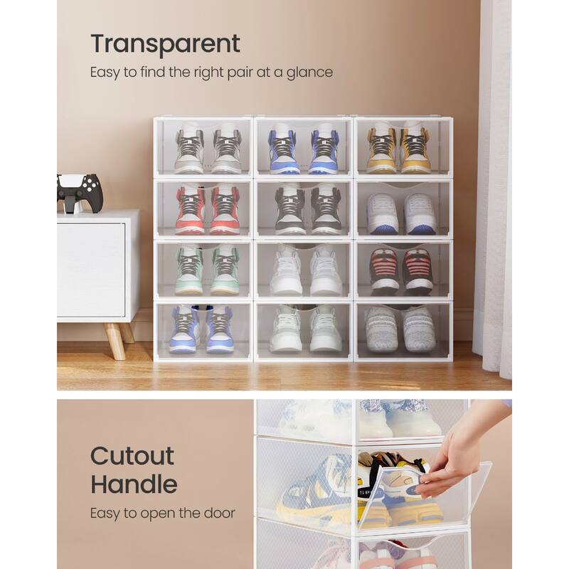 12 Pack Stackable Clear Plastic Shoe Storage Boxes with Doors Closet Shoe Organizer Containers - 9.1”L x 13.1”W x 5.6”H