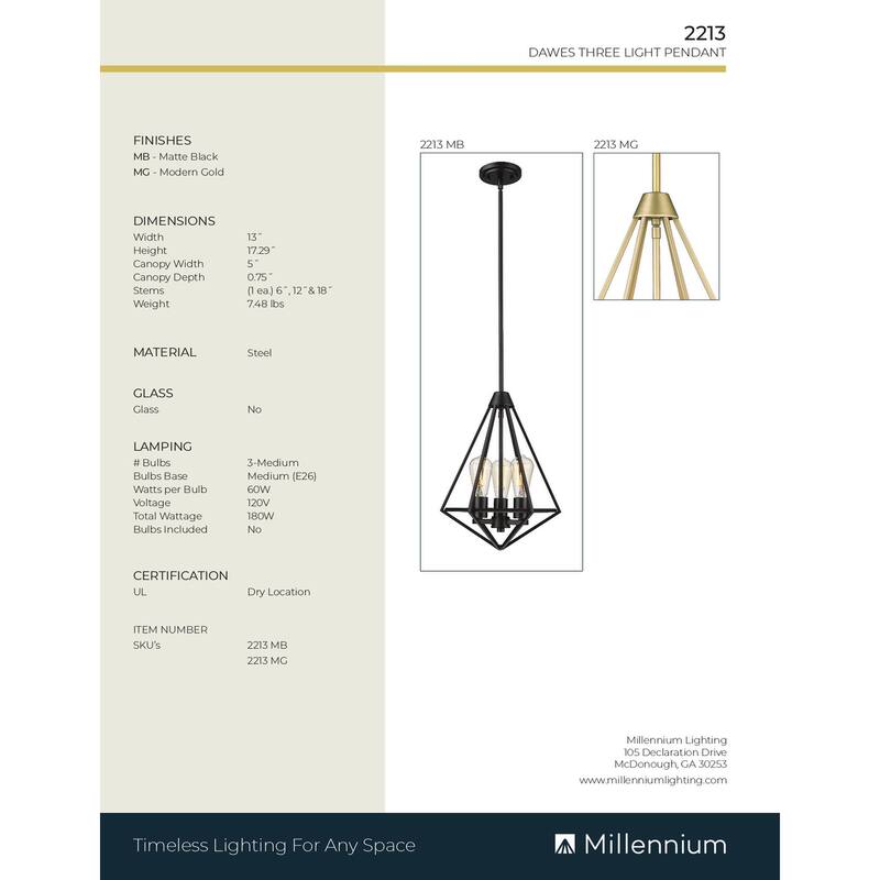 Millennium Lighting Dawes 3 Light Pendant Fixture