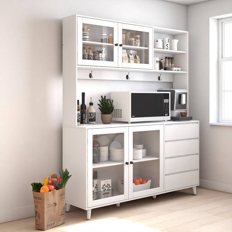 63" Wide Pantry Storage Cabinet with Microwave Tabletop, 4 Doors and 4 Drawers, Kitchen Cupboard Organizer
