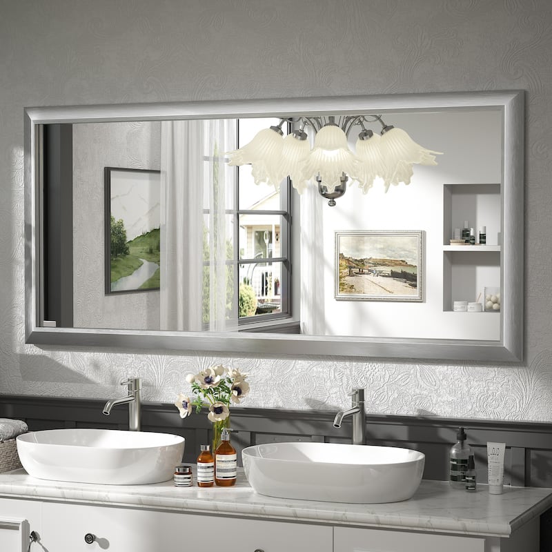 Beveled Metal Rectangle Framed Bathroom Vanity Tempered Glass Mirrors - 60" x 28" - Silver