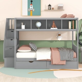 Twin over Full Bunk Bed with Shelfs, Storage Staircase and 2 Drawers ...