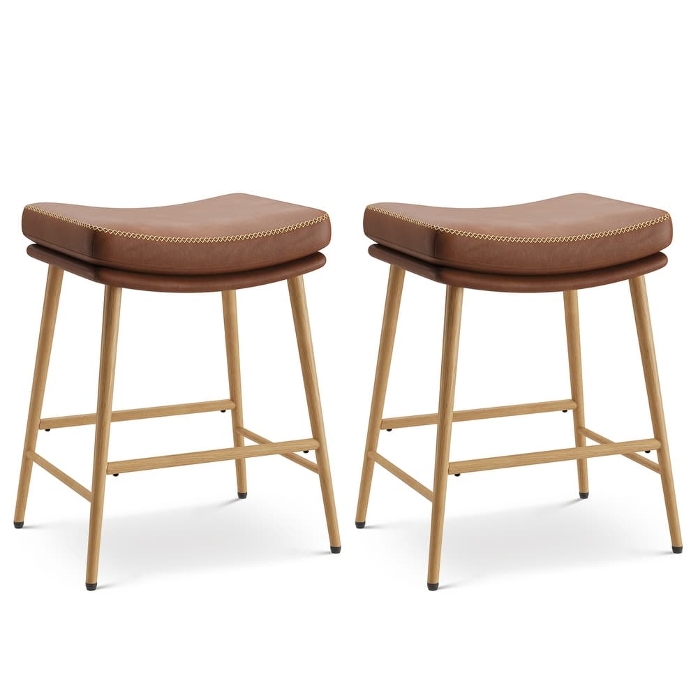 RENEWLINE Metal Bar Stools, 24 Inch Backless Counter Height Stools（Set of 2/3/4/6） with PU Leather Seat & Footrest
