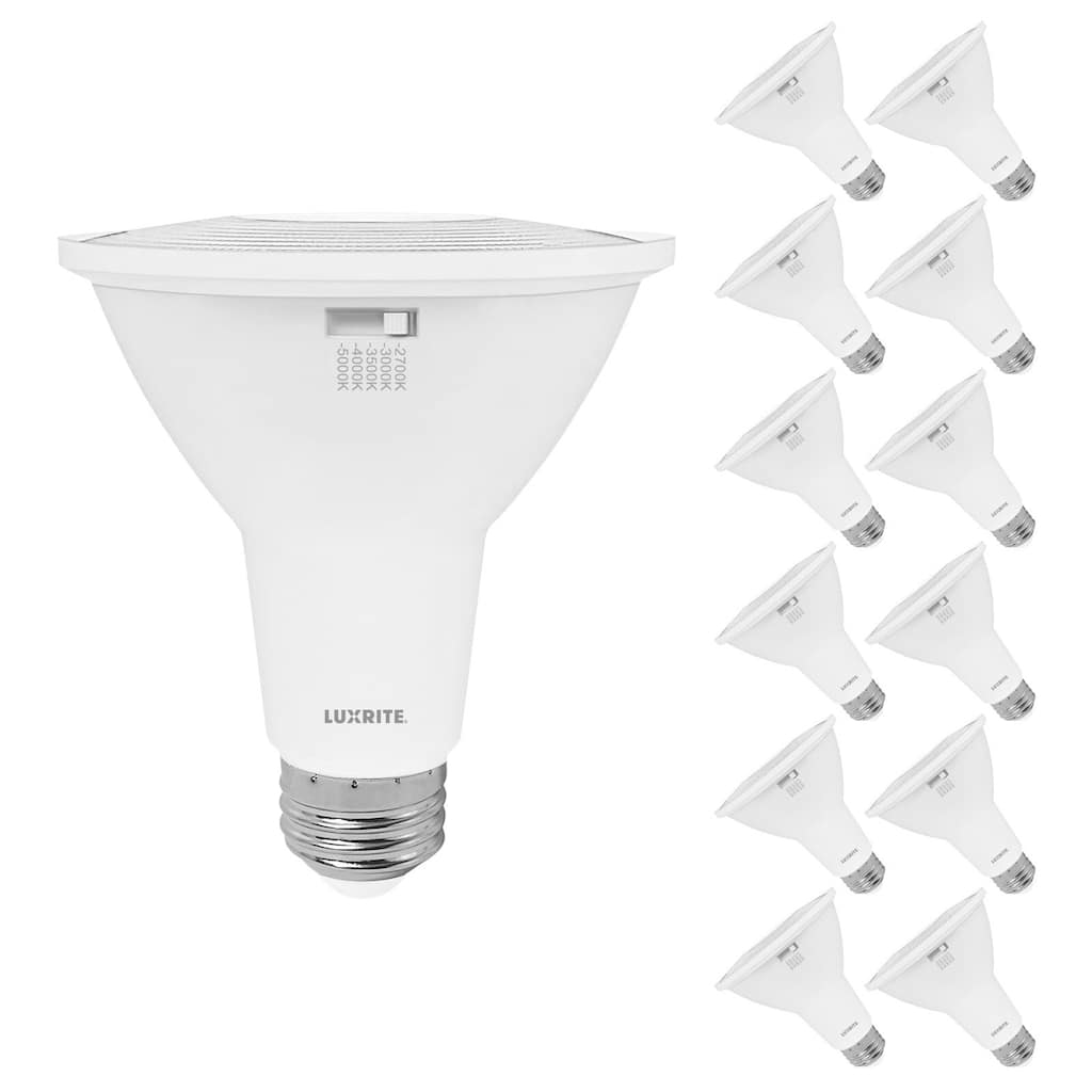 Luxrite PAR30 Long Neck LED Flood Light Bulb 10W=75W 5CCT 850 Lumens Dimmable Damp Rated ETL Listed E26 Base (12 Pack)