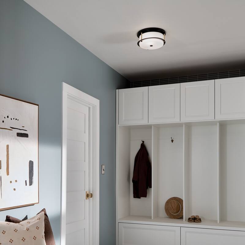 Kichler Lighting Brit 12 in. 2-Light Black and Champagne Bronze Flush Mount Light with Satin Etched Glass