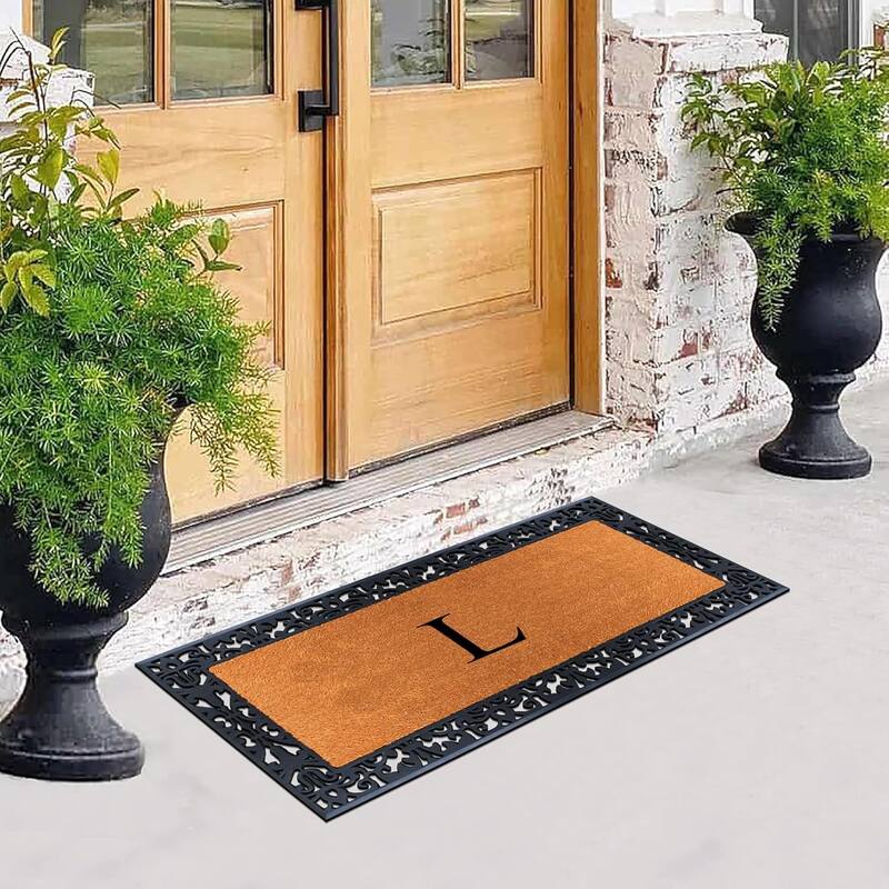 A1HC Rubber and Coir Paisley Border Heavy Duty Non-Slip Durable Double Door Monogrammed Doormat 30"X60", Black
