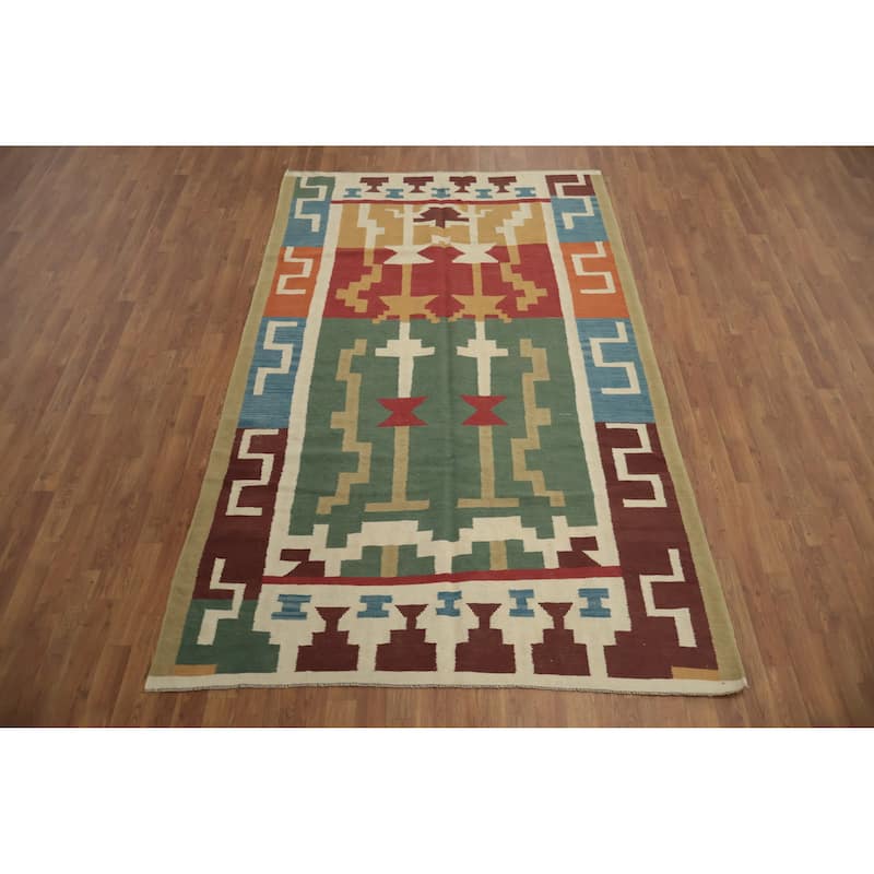 Hand Woven Oriental 100% Wool Carpet Southwestern Tribal Multi-Colored Kilim Area Rug - 8' 10'' X 5' 6''