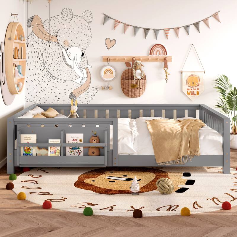 Montessori Floor Bed Low Profile Kids Bed with Rails & Bookshelf
