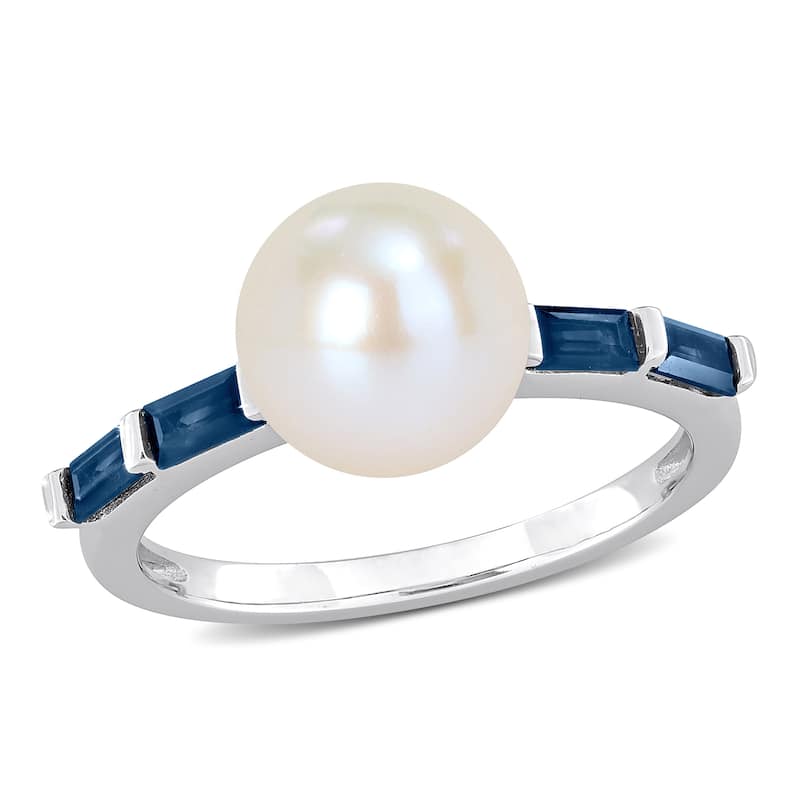 Miadora 8mm Cultured Freshwater Pearl 3/4ct TGW Baguette Sapphire Ring 10k White Gold