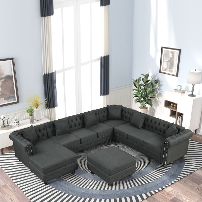 Chesterfield Sectional Sofa with Ottoman and 6 Pillows U-Shape Linen Fabric Sofa with Chaise and Rubberwood Legs for Living Room