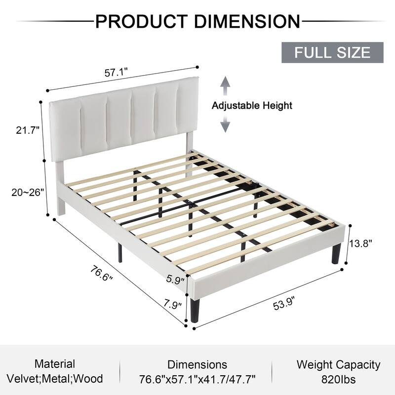 Javlergo Velvet Upholstered Platform Bed Frame with Adjustable Headboard