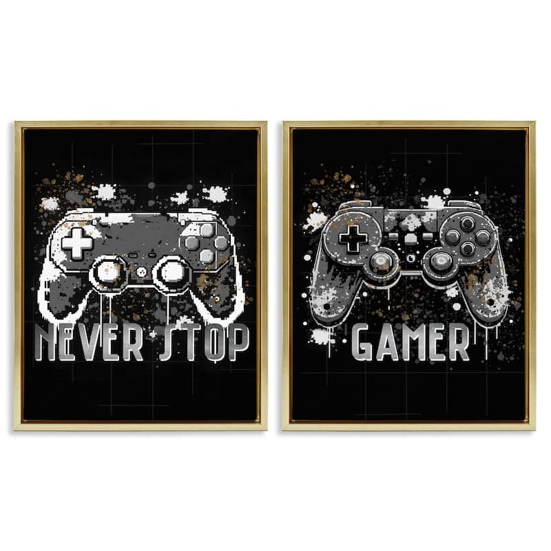 Stupell Modern Gamer Controller Phrases Framed Floater Canvas Wall Art Design By Kim Allen (Set of 2) - 25 x 31 - Gold