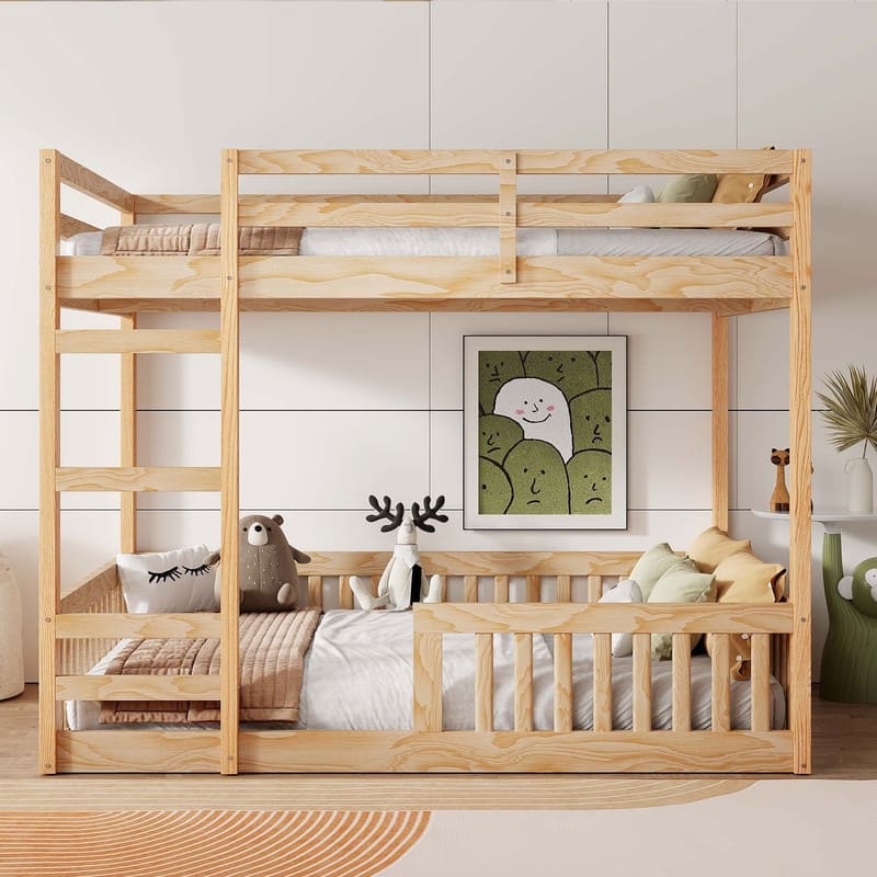 Full over Full Size Wood Bunk Bed with Ladder, Simple Style Kids Bed Frame with Guardrail and Fence