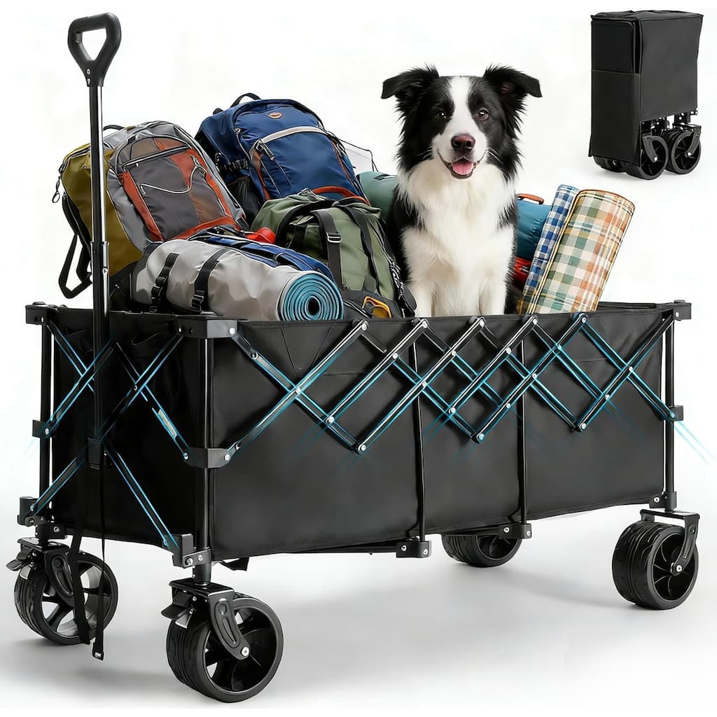 Collapsible Wagon Cart - 440lbs Foldable Extra Long Heavy Duty Utility Wagon with Wheels, Portable Storage Grocery Cart