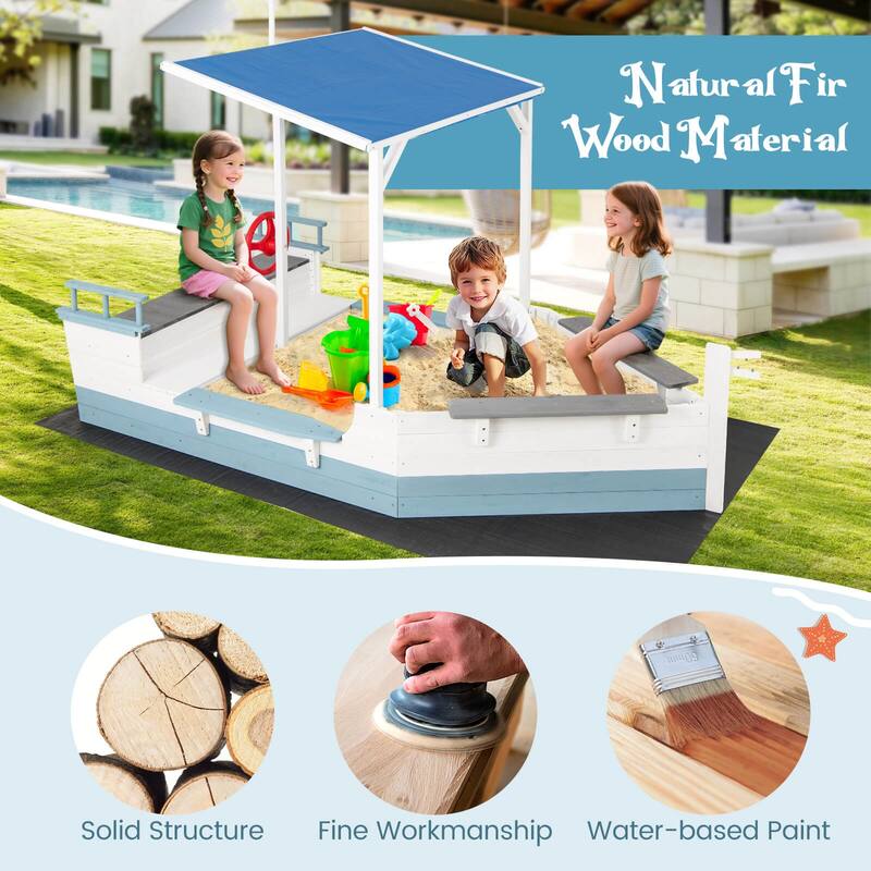 Costway Fir Wood Sandbox with Sloping Canopy Liner Multiple Seats - See Details